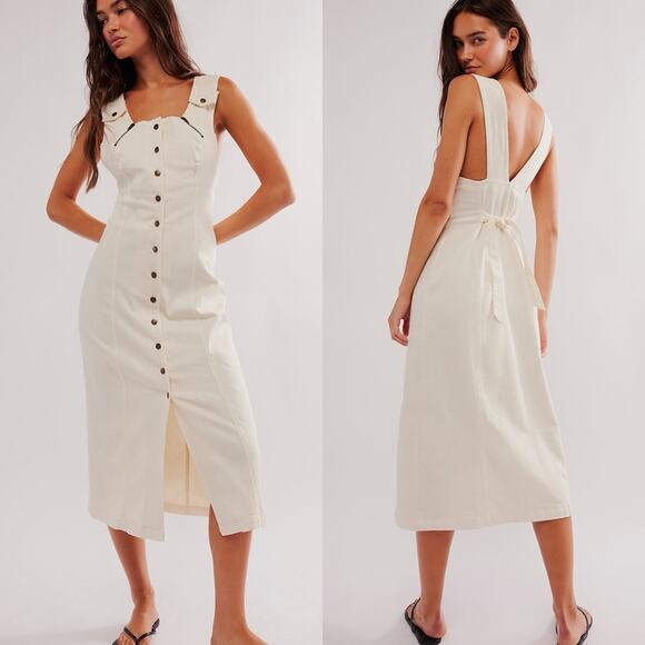 Free People Midi Dress Desert Desire Denim Minimalist Neutral Lagan Look Boho M - Picture 2 of 14